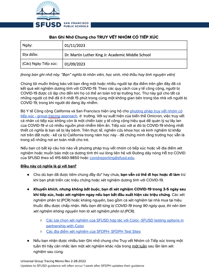 Universal GROUP CONTACT TRACING Memo January 11 2023 Vietnamese 