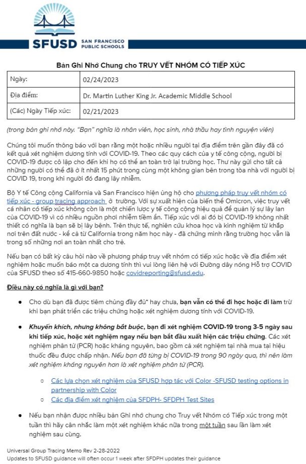 Universal GROUP CONTACT TRACING Memo February 24 2023 Vietnamese Page 1