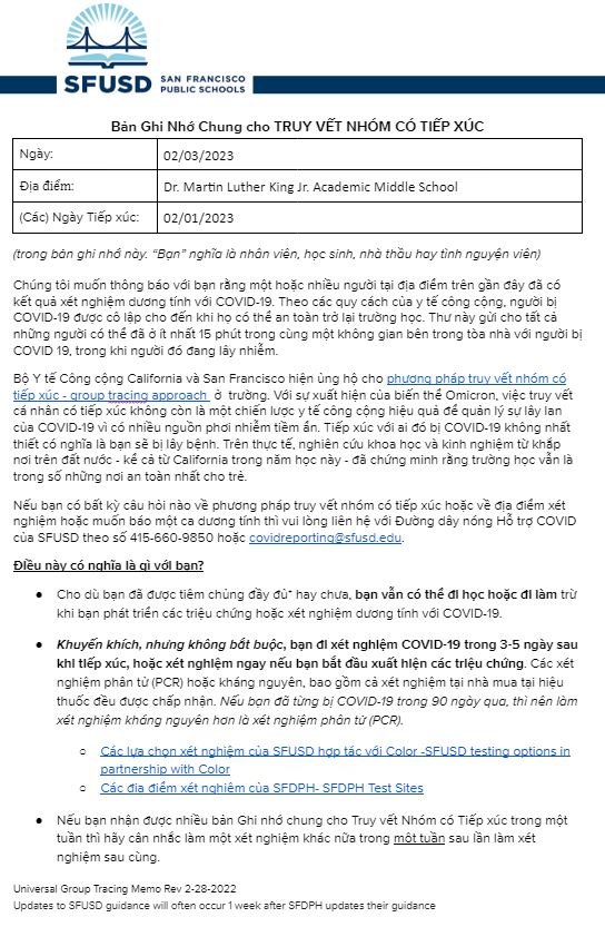 Universal GROUP CONTACT TRACING Memo February 03 2023 Vietnamese 
