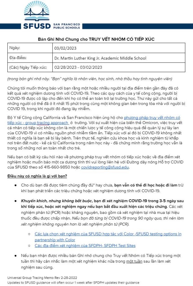 Universal GROUP CONTACT TRACING Memo March 02 2023 Vietnamese Page 1