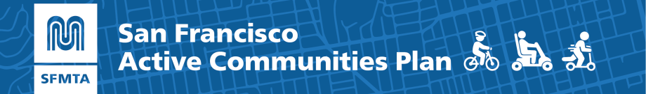 SFMTA Active Communities Plan logo with illustrated people riding on a bike, wheelchair, and scooter