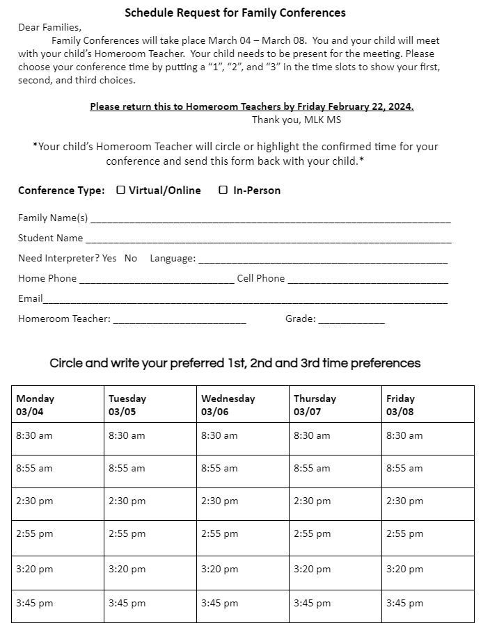 Student Led Conference Schedule Spring 2024