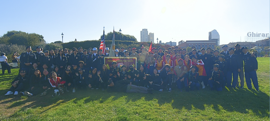 The Lincoln JROTC batallion poses outside of Girardeli Square in San Francisco.