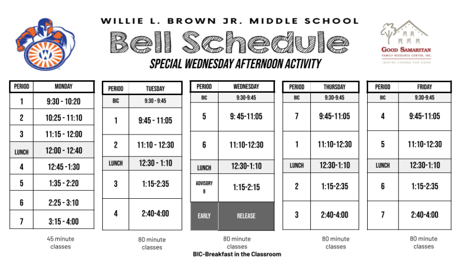 Bell Schedule 25-26 Special Wednesday Afternoon Activity