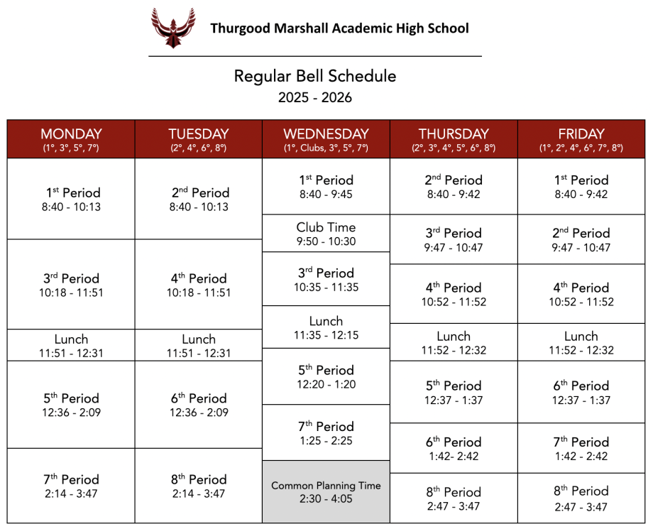 TMAHS regular bell schedule 2025-2026