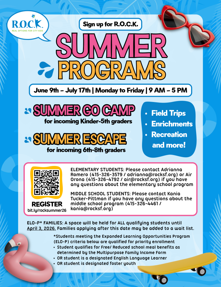 a flyer with a light blue background with a picture of a person climbing a pole. It also has details about the R.O.C.K. summer program