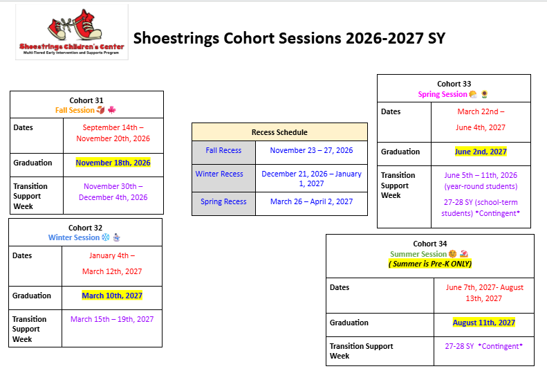 Shoestrings cohort sessions dates 2026 and 2027 School Year