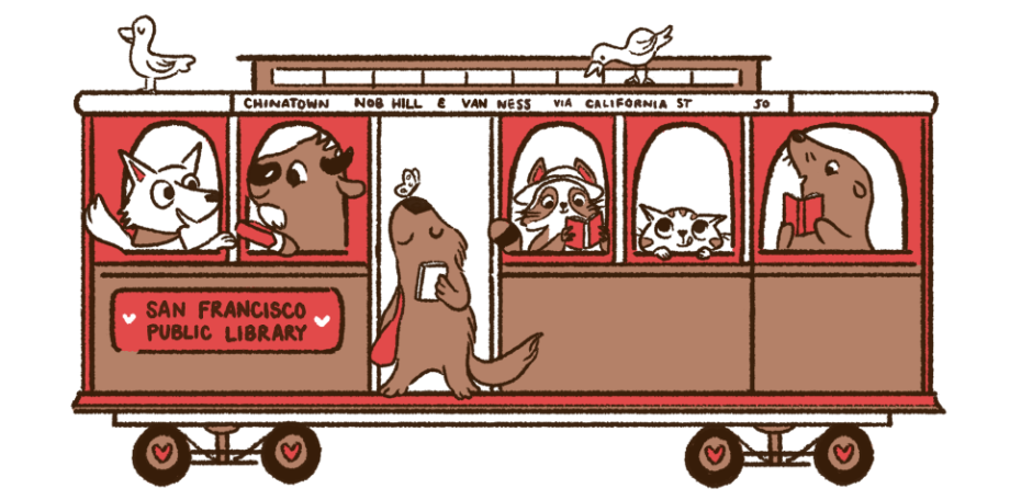 An illustration of animals riding a cable car with a header that says "San Francisco Public Library"