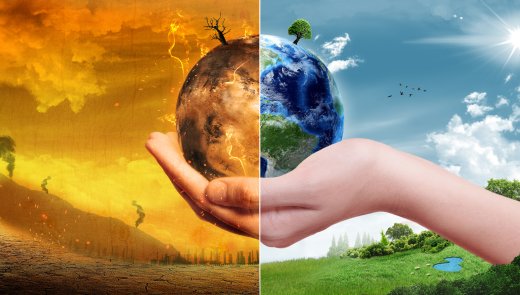 Two half earths.  One is barren and dead and the other lush and alive
