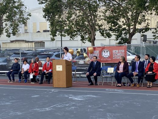 Principal Laura Schmidt-Nojima delivers opening remarks at the Rosa Parks JBBP Anniversary celebration.