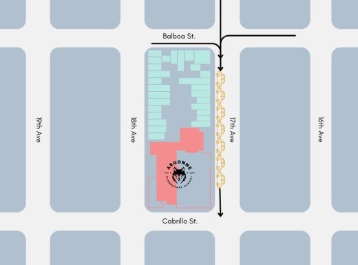 Map of streets around Argonne ES with arrows on 17th Ave southbound