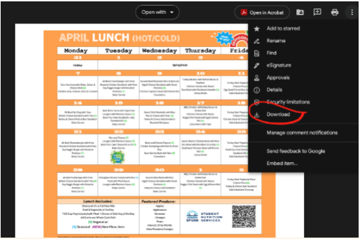 Directions on how to download monthly school menus