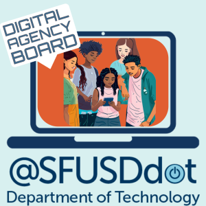 5 students looking at technology together