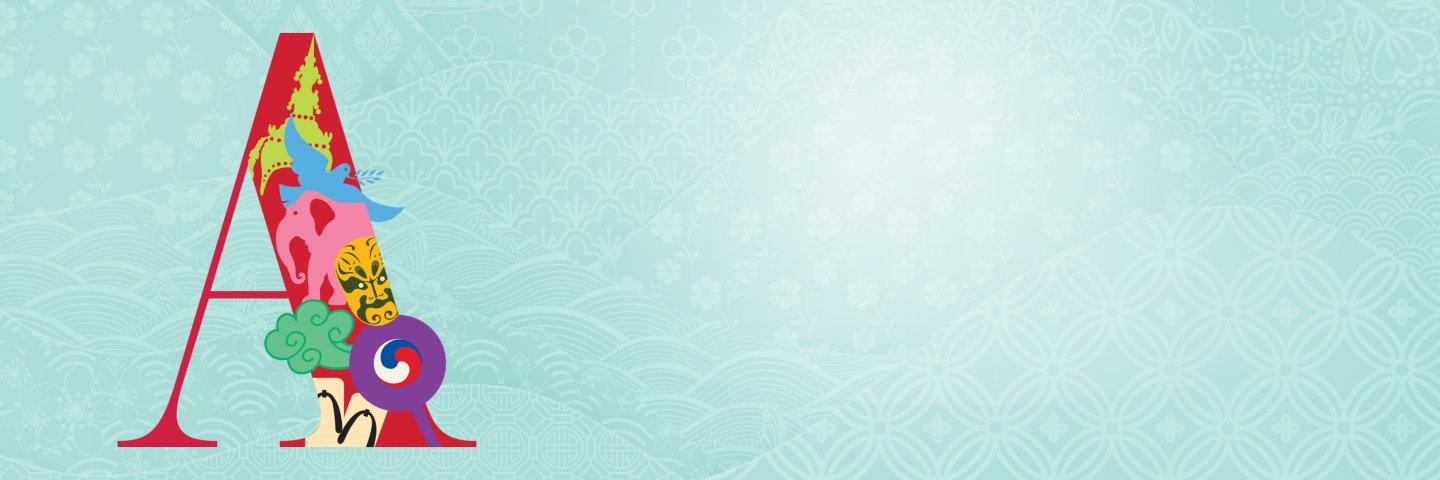 Large A with representations of various AAPI cultures against a patterned blue-green backdrop