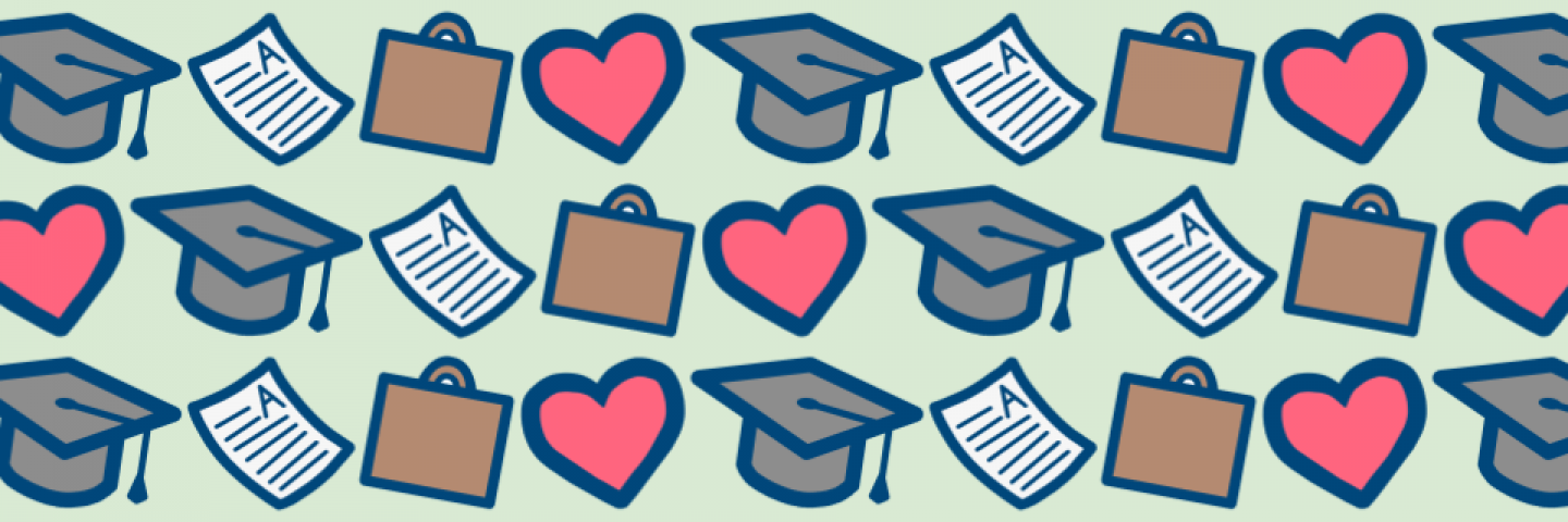 pattern of graduation cap, briefcase, graded paper, and heart cliparts
