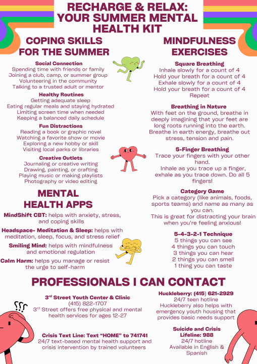 A flyer with a list of 4 different categories for rechagring and relaxing this summer 