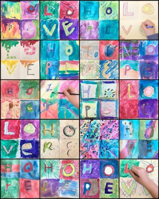 Collage of drawings and paintings
