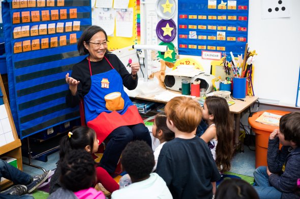 Teacher leading class of elementary school students