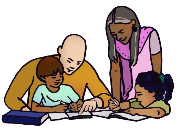 Two adults and two children at a table