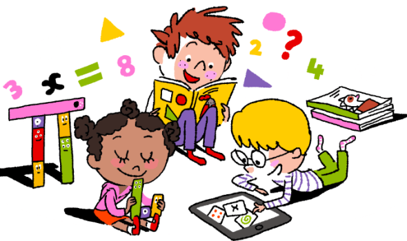 cartoon kids reading and playing