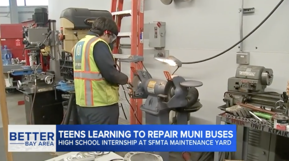 Student intern sawing at SFMTA facility