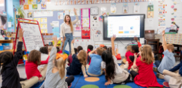 classroom of students facing the teacher with hands raised in a learning group
