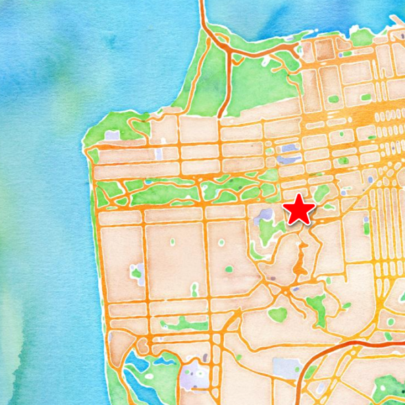 This image is a stylized, watercolor-style map of the San Francisco peninsula, highlighting the location of Grattan Elementary School in the heart of the city.