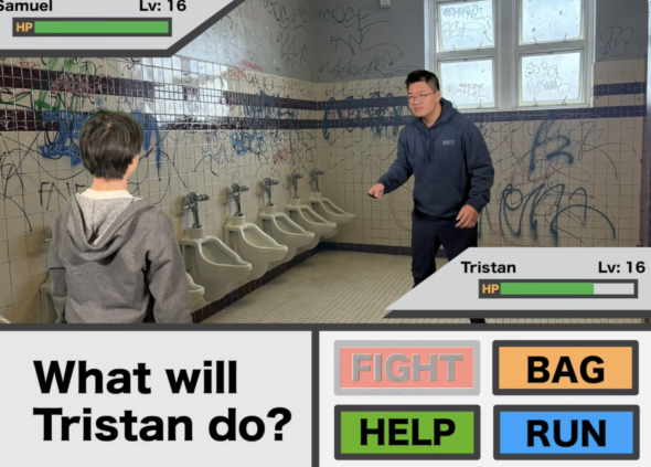 Screenshot from Student created award winning video, meant to look like a video game