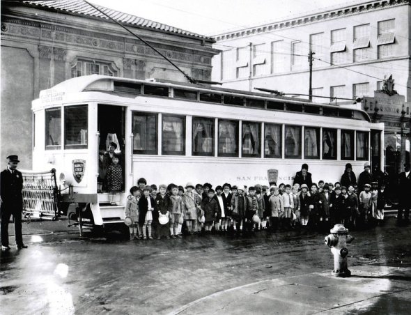 The Big White Car 57 kindergarten children from Raphael Weill School (now Rosa Parks Elementary School) rode this Market Street Railway Company streetcar downtown for a visit with Santa in December 1927. The “San Francisco” was dedicated to San Francisco school children and classes for education and charitable purposes. It was used exclusively to transport school children on excursions and had no fare box or charged a fare.The children on these excursions were each rewarded with a Market Street Railway Comp