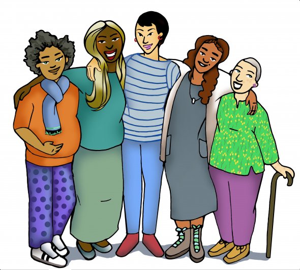 Group of five diverse women hugging shoulders