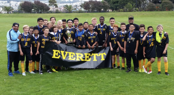 Boys soccer players posing for team photo