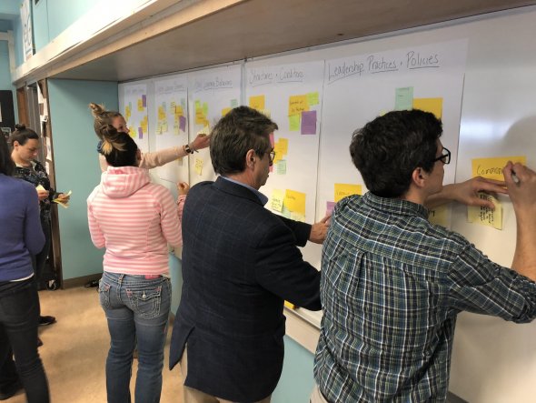 Three people writing ideas on a whiteboard 