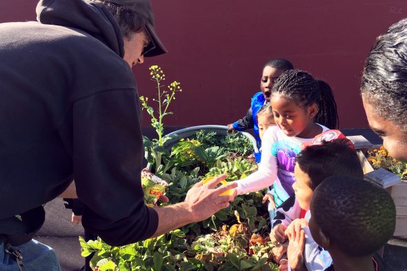 Teacher showing girl plant while other children watch in excitement