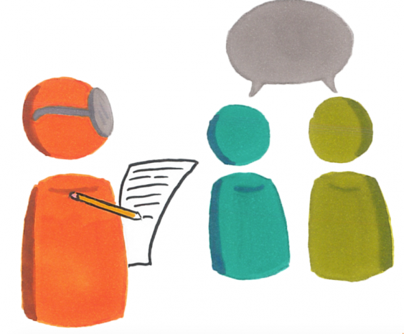 an illustration of 1 person interviewing 2 other people