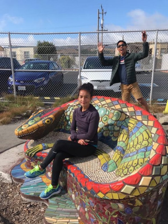 teacher on lizard bench