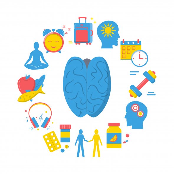 brain surrounded by healthy ways of living