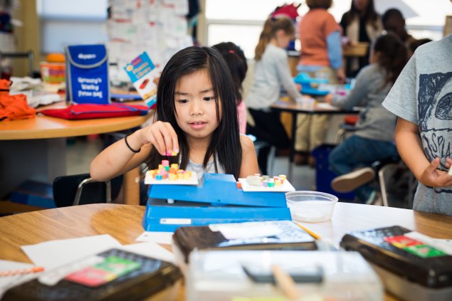 Elementary school student weighing things on scale
