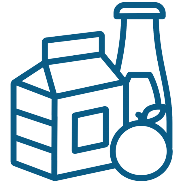 An orange, milk carton and juice bottle