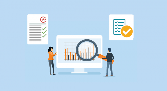 icon of two people examining assessments and reports with magnifying glass