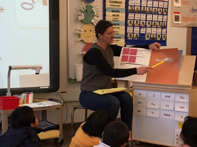 woman using pointer to do a read aloud