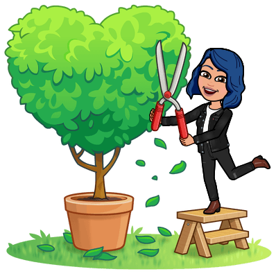Bitmoji trimming a tree into a heart shape