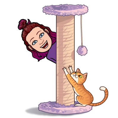 Bitmoji peeking around cat scratching post with orange cat