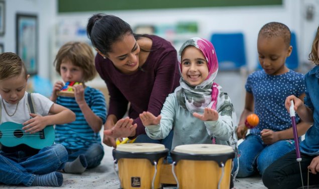 Kindergarteners playing a variety of instruments