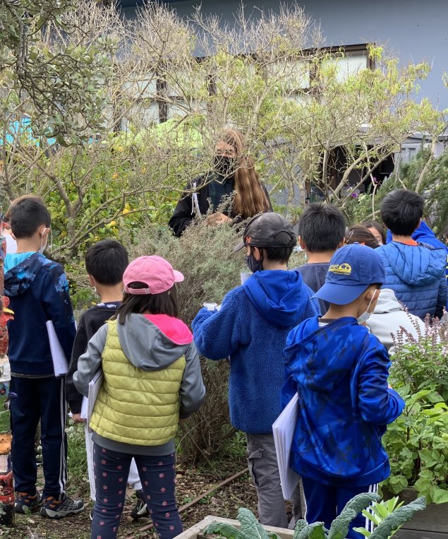 Students listen during STEAM in the garden