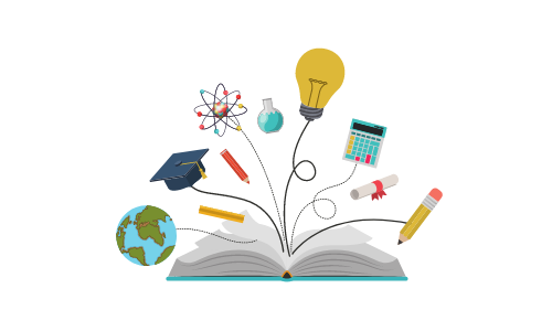 drawing of book with graphics representing subject areas