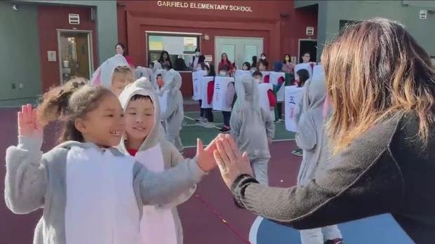 Garfield Elementary students dressed as rabbits