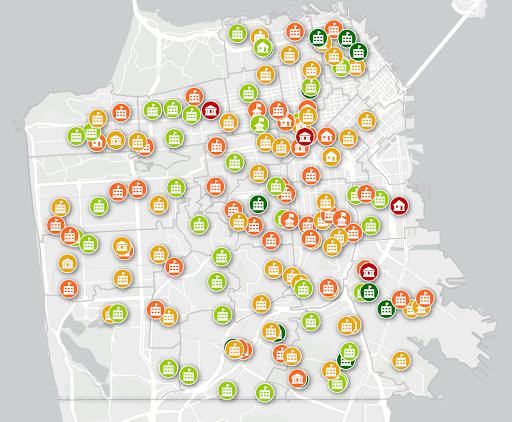 Map of San Francisco overlain with colored dots indicating facility condition