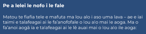 Samoan text: Pe a lelei le nofo i le fale