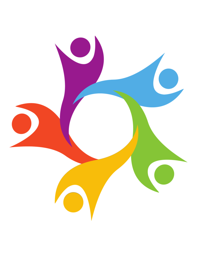 5 differently brightly colored abstract human icons in a merging circle