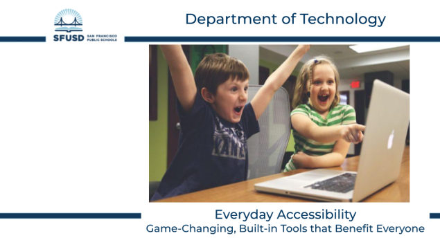 image placeholder for slide deck with photo of young boy and girl looking excitedly at a laptop screen